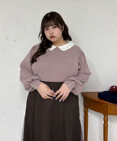 Louiosy(ルオシー)の「【大きいサイズ】ビジュー付きカラーニットドッキングトップス(ニット/セーター・レディース・ラベンダー/ブラック・4L/X-LARGE)」の2枚目の写真