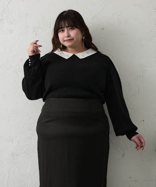 Louiosy(ルオシー)の「【大きいサイズ】ビジュー付きカラーニットドッキングトップス(ニット/セーター・レディース・ラベンダー/ブラック・4L/X-LARGE)」の3枚目の写真