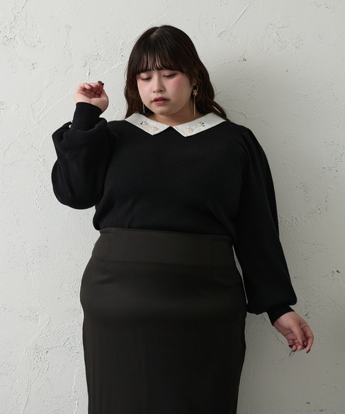 Louiosy(ルオシー)の「【大きいサイズ】ビジュー付きカラーニットドッキングトップス(ニット/セーター・レディース・ラベンダー/ブラック・4L/X-LARGE)」の5枚目の写真