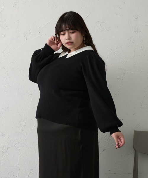 Louiosy(ルオシー)の「【大きいサイズ】ビジュー付きカラーニットドッキングトップス(ニット/セーター・レディース・ラベンダー/ブラック・4L/X-LARGE)」の6枚目の写真
