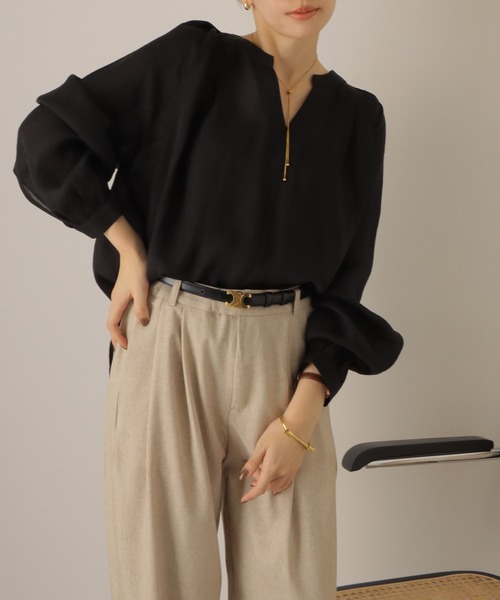 washer skipper neck blouse /ワッシャー加工 スキッパー ネック