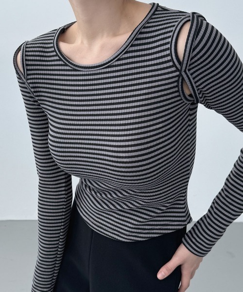 セール】ストライプ ショルダーカット トップス / stripe shoulder