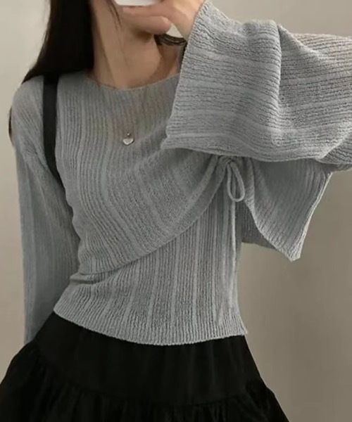 SHEPP(シープ)の「【2点セット】シャーリング オフショル リボン 透かし編みショートニット&キャミソール(ニット/セーター・レディース・ブラック/ブルー/ホワイト/ピンク・F)」の19枚目の写真