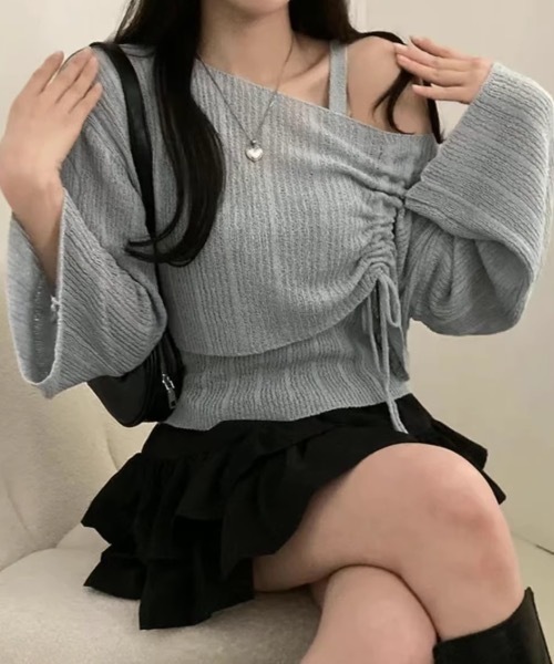 SHEPP(シープ)の「【2点セット】シャーリング オフショル リボン 透かし編みショートニット&キャミソール(ニット/セーター・レディース・ブラック/ブルー/ホワイト/ピンク・F)」の22枚目の写真