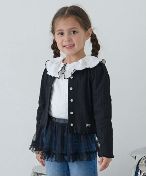 Lycee mine(リセマイン)の「パターンメッシュカーディガン(Tシャツ/カットソー・キッズ・トップグレー/クリーム/ブルーグレー/ラベンダー/ブラック/ピンク・120cm/110cm/150cm/100cm/140cm/130cm)」の1枚目の写真