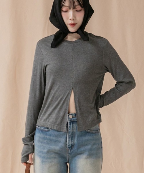 tシャツ 「Nao Original」2WAYスリットカットソー/ブラック アイボリー グレー チャコ―ル ホワイト 韓国 フィンガーホール ミニマル セール】【Nao Original】2WAYスリットカットソー/ブラック