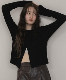 HEILIS | 【Nao Original】2WAYスリットカットソー/ブラック アイボリー グレー チャコ―ル ホワイト 韓国 フィンガーホール ミニマル シンプル ガーリー ノームコア 肌見せ 指ぬき 長袖 カットソー クルーネック 前後2WAY 秋服 冬服 春服(Tシャツ/カットソー)