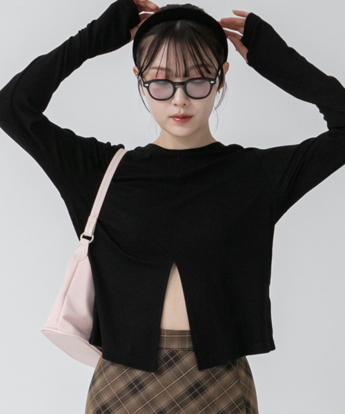 tシャツ 「Nao Original」2WAYスリットカットソー/ブラック アイボリー グレー チャコ―ル ホワイト 韓国 フィンガーホール ミニマル セール】【Nao Original】2WAYスリットカットソー/ブラック