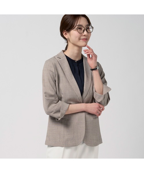 TOKYO SHIRTS（トウキョウシャツ）の「麻混ジャケット 七分袖 ブラック レディース（テーラードジャケット・レディース・ブラック/ピンク/ベージュ・M/L/LL）」の2枚目の写真