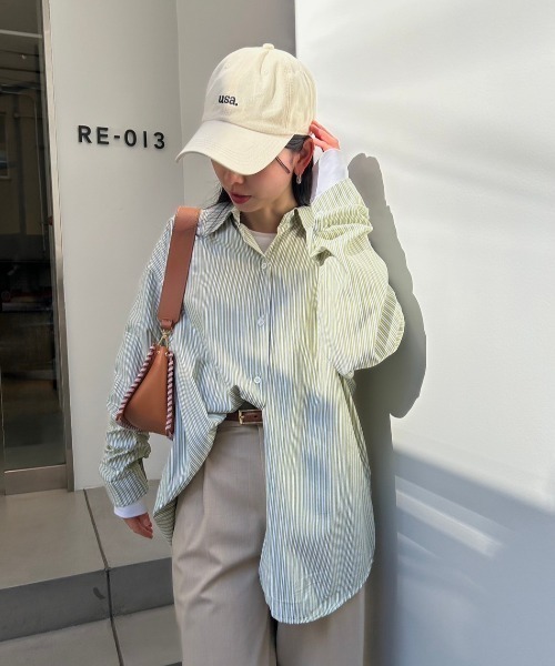 Reurie'(レウリィ)の「カラーストライプシャツ/color stripe shirt 長袖 襟付き シンプル カジュアル リラクシー ベーシック 羽織り ピンストライプ(シャツ/ブラウス・レディース・グリーン/ブルー・FREE)」の1枚目の写真