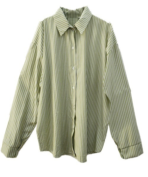 Reurie'(レウリィ)の「カラーストライプシャツ/color stripe shirt 長袖 襟付き シンプル カジュアル リラクシー ベーシック 羽織り ピンストライプ(シャツ/ブラウス・レディース・グリーン/ブルー・FREE)」の9枚目の写真