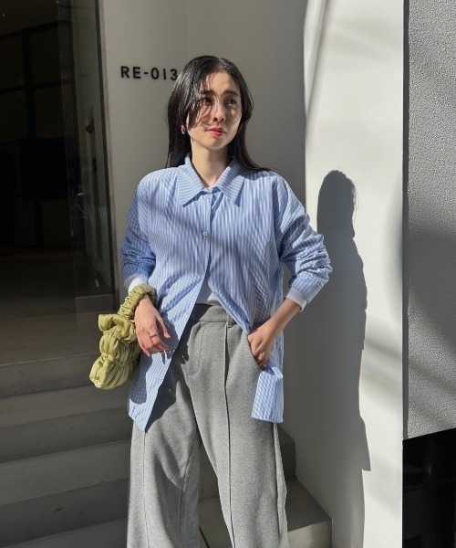Reurie'(レウリィ)の「カラーストライプシャツ/color stripe shirt 長袖 襟付き シンプル カジュアル リラクシー ベーシック 羽織り ピンストライプ(シャツ/ブラウス・レディース・グリーン/ブルー・FREE)」の3枚目の写真