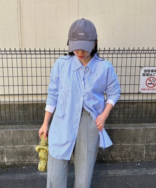 Reurie'(レウリィ)の「カラーストライプシャツ/color stripe shirt 長袖 襟付き シンプル カジュアル リラクシー ベーシック 羽織り ピンストライプ(シャツ/ブラウス・レディース・グリーン/ブルー・FREE)」の4枚目の写真