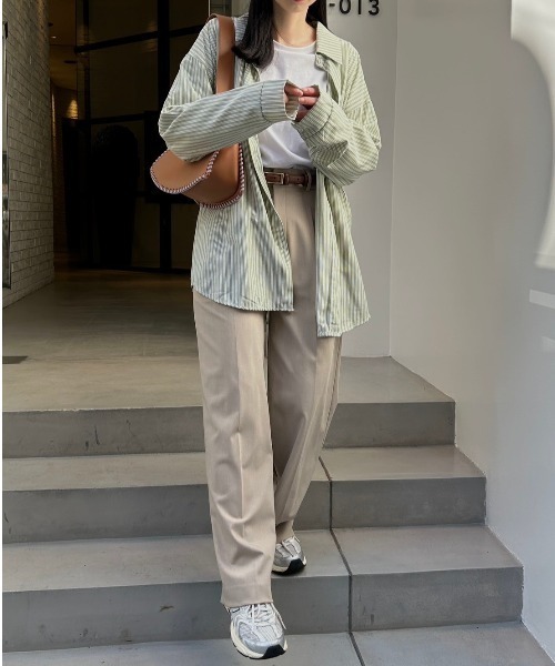 Reurie'(レウリィ)の「カラーストライプシャツ/color stripe shirt 長袖 襟付き シンプル カジュアル リラクシー ベーシック 羽織り ピンストライプ(シャツ/ブラウス・レディース・グリーン/ブルー・FREE)」の7枚目の写真