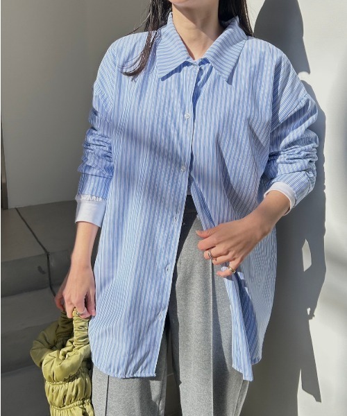 Reurie'(レウリィ)の「カラーストライプシャツ/color stripe shirt 長袖 襟付き シンプル カジュアル リラクシー ベーシック 羽織り ピンストライプ(シャツ/ブラウス・レディース・グリーン/ブルー・FREE)」の17枚目の写真