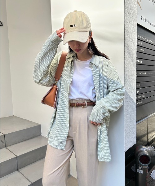 Reurie'(レウリィ)の「カラーストライプシャツ/color stripe shirt 長袖 襟付き シンプル カジュアル リラクシー ベーシック 羽織り ピンストライプ(シャツ/ブラウス・レディース・グリーン/ブルー・FREE)」の19枚目の写真