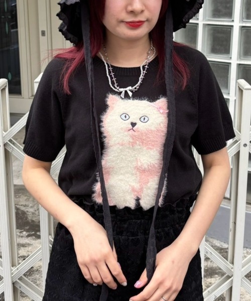 Candy Stripper(キャンディストリッパー)の「TINY CAT KNIT トップス(ニット/セーター・レディース・ブラック/オフホワイト/ピンク・FREE)」の1枚目の写真