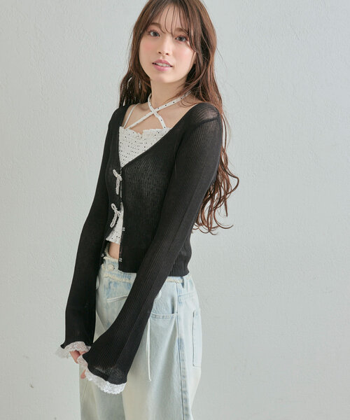 OLIVE des OLIVE（オリーブデオリーブ）の「ビーズリボンVカーデ（カーディガン/ボレロ・レディース・オフホワイト/ブラック/ピンク/イエロー・FREE）」の14枚目の写真