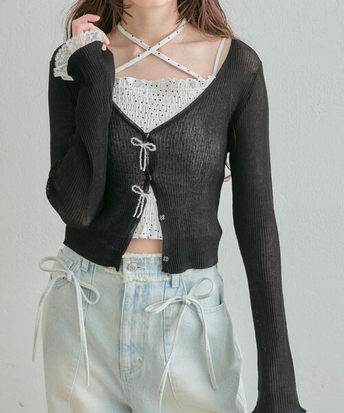 OLIVE des OLIVE（オリーブデオリーブ）の「ビーズリボンVカーデ（カーディガン/ボレロ・レディース・オフホワイト/ブラック/ピンク/イエロー・FREE）」の17枚目の写真