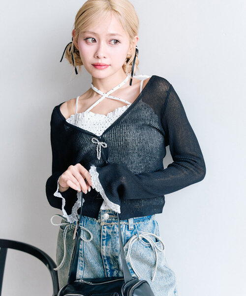 OLIVE des OLIVE（オリーブデオリーブ）の「ビーズリボンVカーデ（カーディガン/ボレロ・レディース・オフホワイト/ブラック/ピンク/イエロー・FREE）」の18枚目の写真