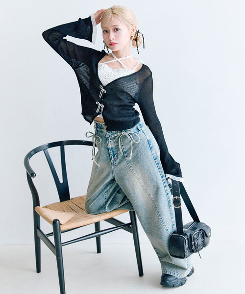 OLIVE des OLIVE（オリーブデオリーブ）の「ビーズリボンVカーデ（カーディガン/ボレロ・レディース・オフホワイト/ブラック/ピンク/イエロー・FREE）」の19枚目の写真