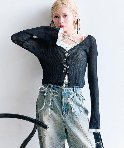 OLIVE des OLIVE（オリーブデオリーブ）の「ビーズリボンVカーデ（カーディガン/ボレロ・レディース・オフホワイト/ブラック/ピンク/イエロー・FREE）」の20枚目の写真