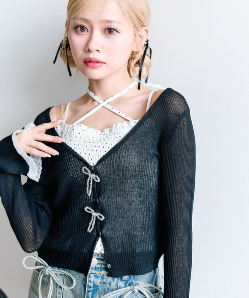 OLIVE des OLIVE（オリーブデオリーブ）の「ビーズリボンVカーデ（カーディガン/ボレロ・レディース・オフホワイト/ブラック/ピンク/イエロー・FREE）」の21枚目の写真