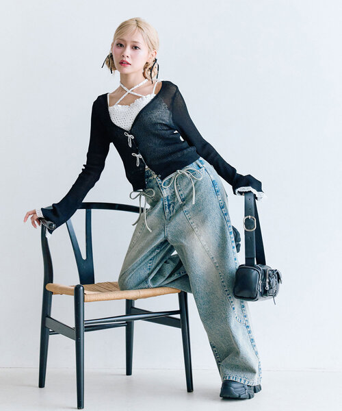 OLIVE des OLIVE（オリーブデオリーブ）の「ビーズリボンVカーデ（カーディガン/ボレロ・レディース・オフホワイト/ブラック/ピンク/イエロー・FREE）」の22枚目の写真