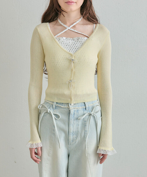 OLIVE des OLIVE（オリーブデオリーブ）の「ビーズリボンVカーデ（カーディガン/ボレロ・レディース・オフホワイト/ブラック/ピンク/イエロー・FREE）」の5枚目の写真