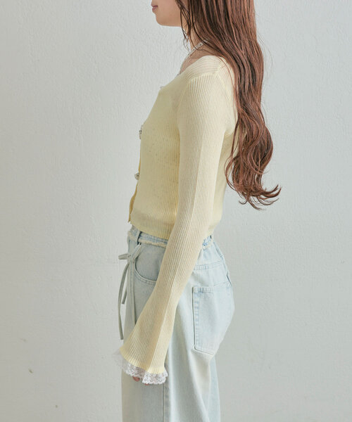 OLIVE des OLIVE（オリーブデオリーブ）の「ビーズリボンVカーデ（カーディガン/ボレロ・レディース・オフホワイト/ブラック/ピンク/イエロー・FREE）」の6枚目の写真