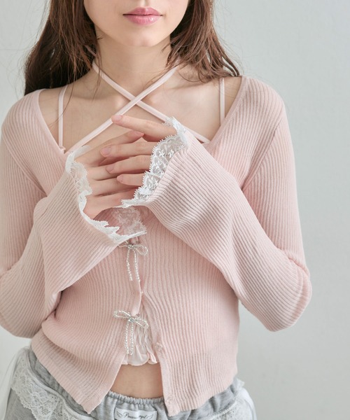 OLIVE des OLIVE（オリーブデオリーブ）の「ビーズリボンVカーデ（カーディガン/ボレロ・レディース・オフホワイト/ブラック/ピンク/イエロー・FREE）」の4枚目の写真