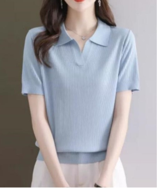 BLANC FICELLE（ブランフィセル）の「キーネック　ポロシャツ（シャツ/ブラウス・レディース・ブラック/アイボリー/ブルー/キャメル・S/M/L）」の9枚目の写真