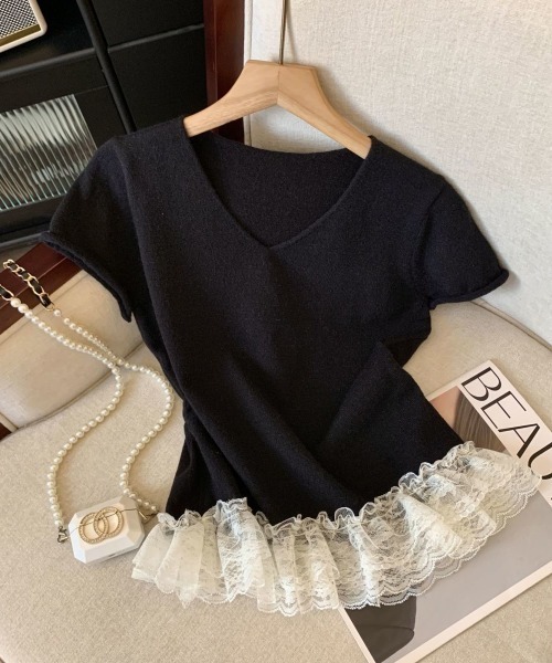 Prince フリル袖 Tシャツ＆レーススカート ウサギ刺繍のフリルトップス E00239 | EMMA GRAND