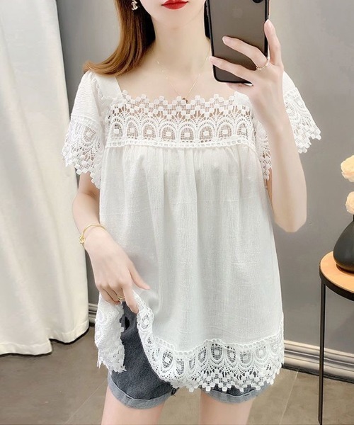 Beststore(ベストストア)の「レース付きシャツブラウス レディース フリルブラウス 半袖(シャツ/ブラウス・レディース・ブラック/ホワイト/ピンク・FREE)」の21枚目の写真