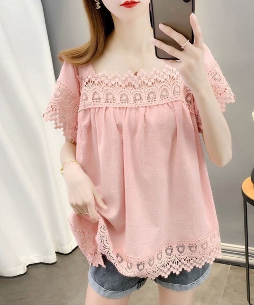 Beststore(ベストストア)の「レース付きシャツブラウス レディース フリルブラウス 半袖(シャツ/ブラウス・レディース・ブラック/ホワイト/ピンク・FREE)」の9枚目の写真
