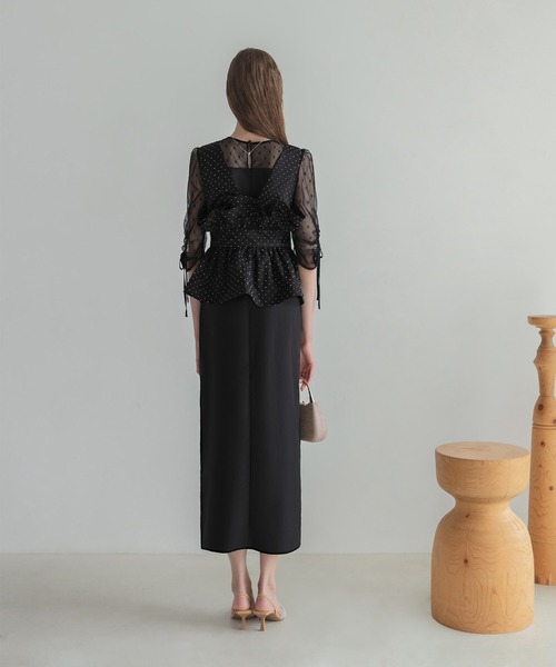 【新品タグ付】レジャ 黒　ドットペプラムチュールドレス　オケージョン　結婚式 LEJA】ドットストーンペプラムチュールワンピースドレス 2点