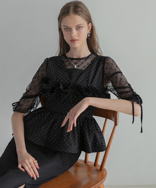 セール】【LEJA】ドットストーンペプラムチュールワンピースドレス 2点