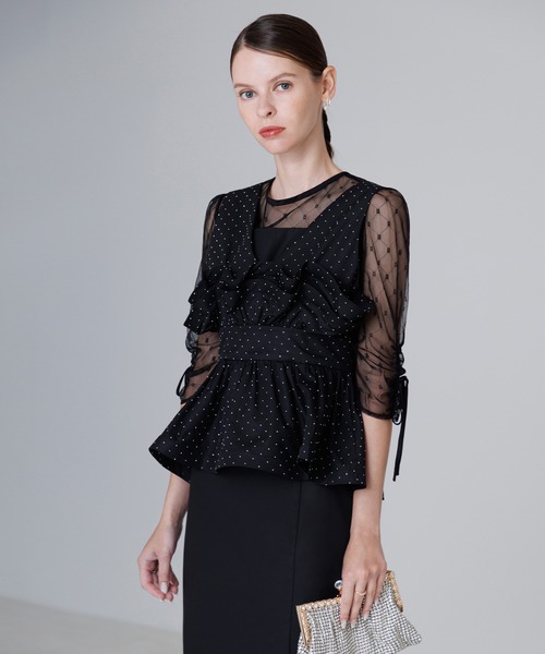 【新品タグ付】レジャ 黒　ドットペプラムチュールドレス　オケージョン　結婚式 LEJA】ドットストーンペプラムチュールワンピースドレス 2点