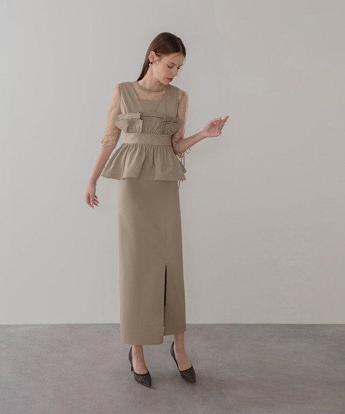 LEJA】ドットストーンペプラムチュールワンピースドレス 2点セット