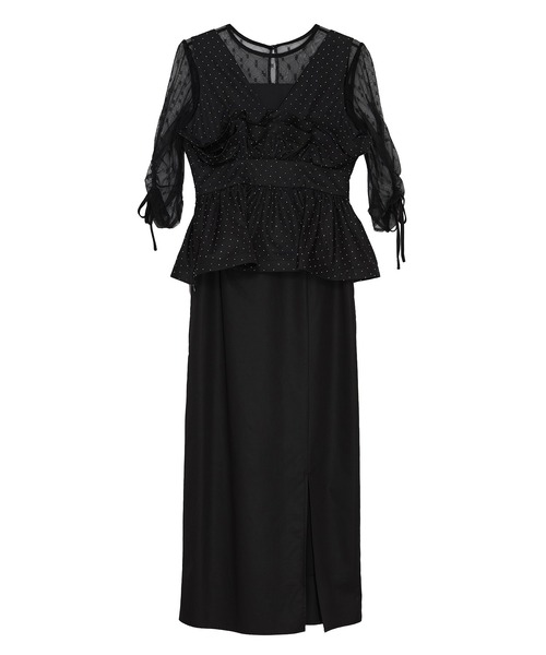 LEJA】ドットストーンペプラムチュールワンピースドレス 2点セット