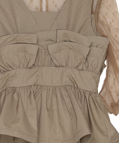 LEJA】ドットストーンペプラムチュールワンピースドレス 2点セット