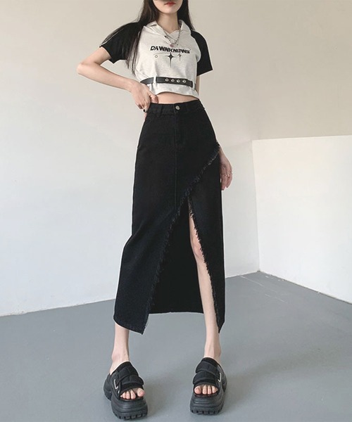 Lace Ladies(レースレディース)の「ハイウエスト フリンジ スリット デニム ロング スカート(デニムスカート・レディース・ダークグレー/ネイビー/ブラック・S/M/XL)」の7枚目の写真