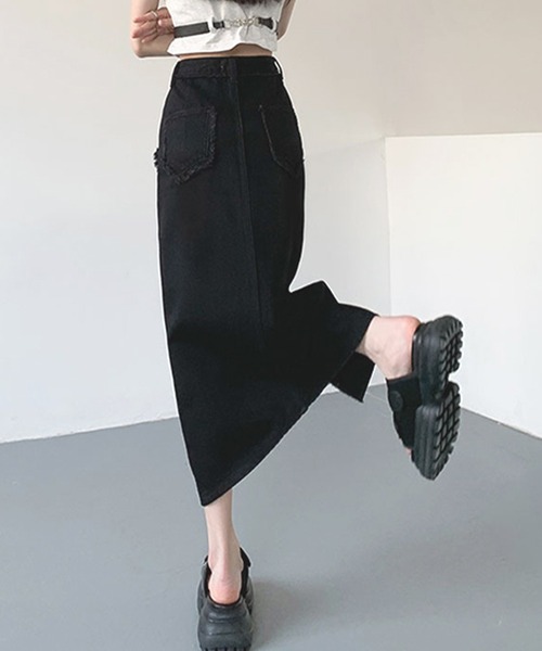 Lace Ladies(レースレディース)の「ハイウエスト フリンジ スリット デニム ロング スカート(デニムスカート・レディース・ダークグレー/ネイビー/ブラック・S/M/XL)」の8枚目の写真