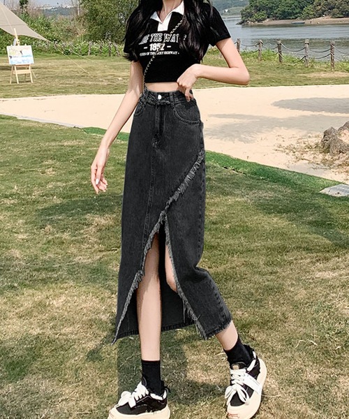 Lace Ladies(レースレディース)の「ハイウエスト フリンジ スリット デニム ロング スカート(デニムスカート・レディース・ダークグレー/ネイビー/ブラック・S/M/XL)」の9枚目の写真