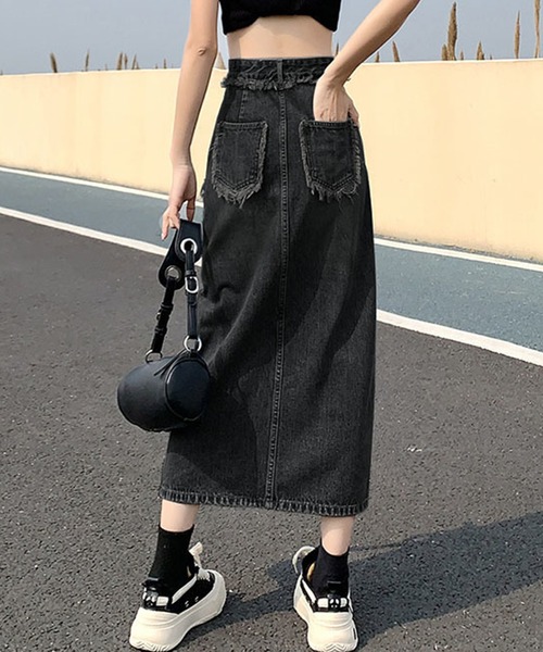 Lace Ladies(レースレディース)の「ハイウエスト フリンジ スリット デニム ロング スカート(デニムスカート・レディース・ダークグレー/ネイビー/ブラック・S/M/XL)」の12枚目の写真