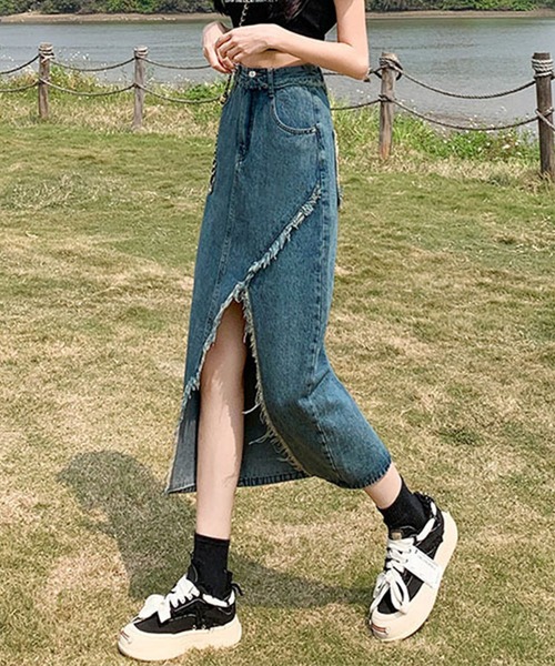 Lace Ladies(レースレディース)の「ハイウエスト フリンジ スリット デニム ロング スカート(デニムスカート・レディース・ダークグレー/ネイビー/ブラック・S/M/XL)」の18枚目の写真