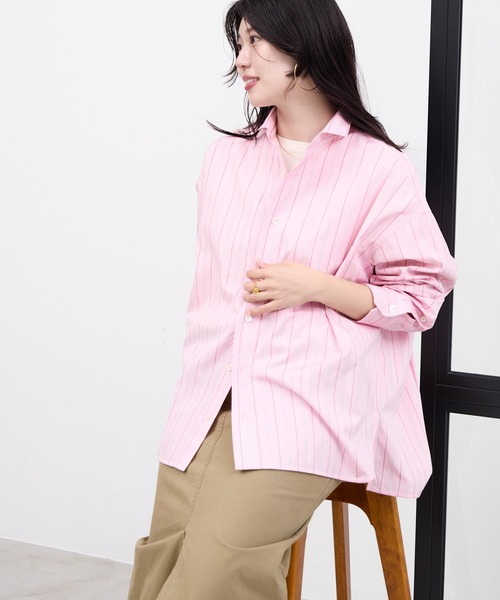 美品＊TICCAティッカ コットンバンドカラーシャツブラウス M ピンク 日本製 TICCA（ティッカ） ブラウス シャツ 「」リネンスクエアビッグシャツ