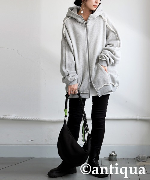 antiqua(アンティカ)の「裏毛Wジップパーカー(パーカー・レディース・グリーン系その他/杢グレー/ブラック・ONESIZE)」の7枚目の写真