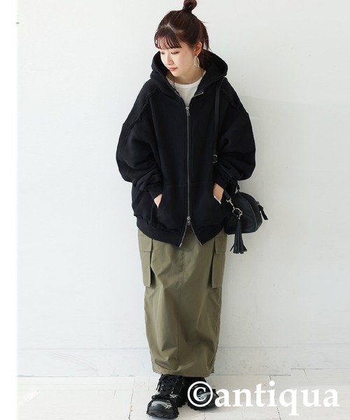 antiqua(アンティカ)の「裏毛Wジップパーカー(パーカー・レディース・グリーン系その他/杢グレー/ブラック・ONESIZE)」の4枚目の写真