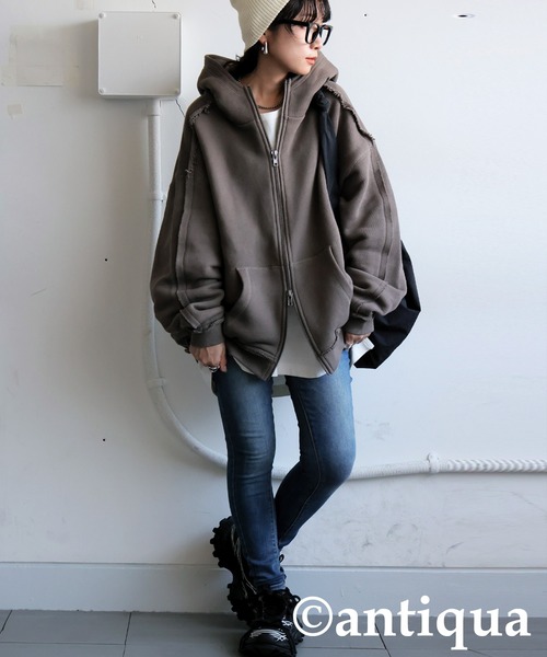 antiqua(アンティカ)の「裏毛Wジップパーカー(パーカー・レディース・グリーン系その他/杢グレー/ブラック・ONESIZE)」の11枚目の写真